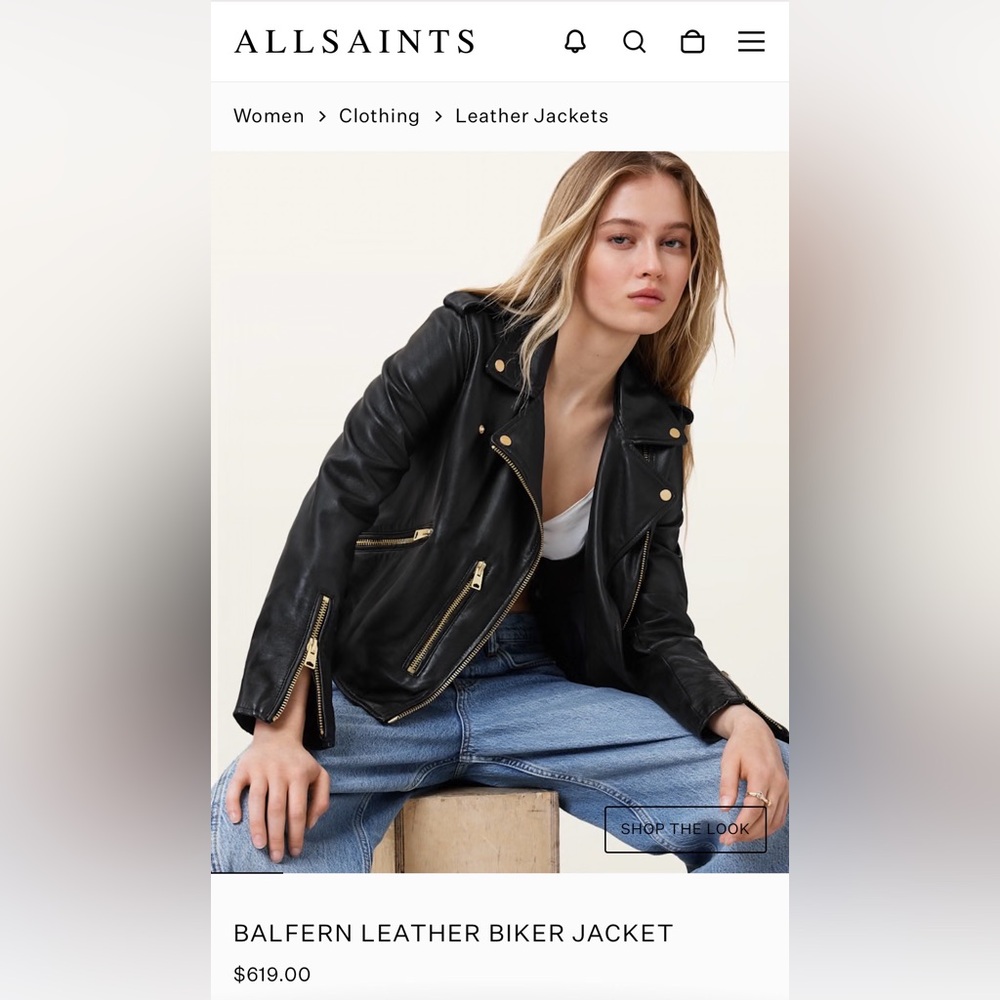 All Saints Balfern Biker Black Leather Jacket with Gold Accents